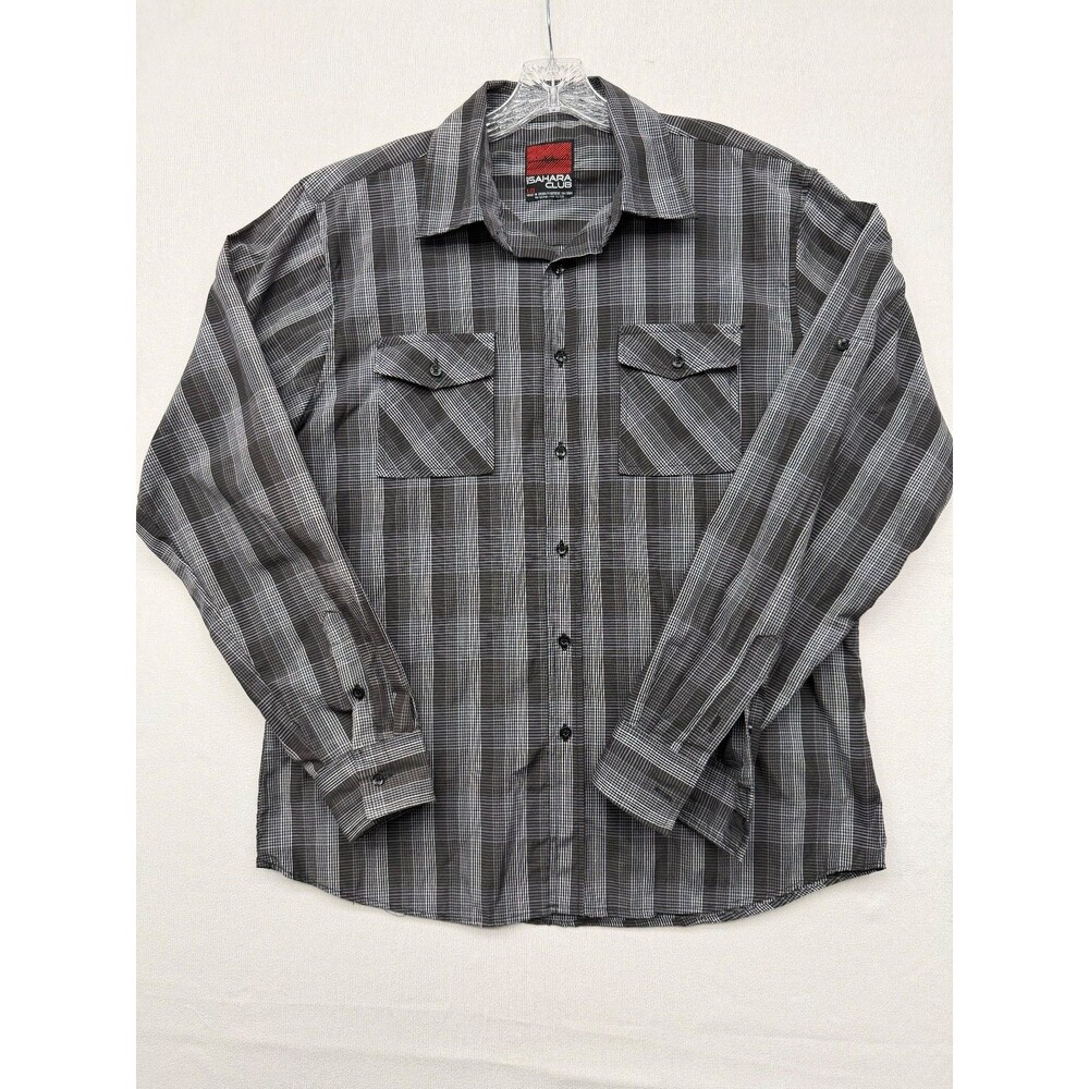 Sahara Club Shirt Men's L  Button Down Long Sleeve Black Plaid Roll Up Sleeves